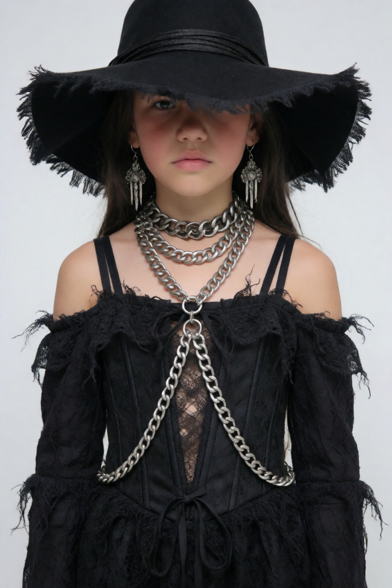 masterpiece,  very aesthetic,  The image features a girl dressed in a striking dark gothic fashion style. Here is a breakd...