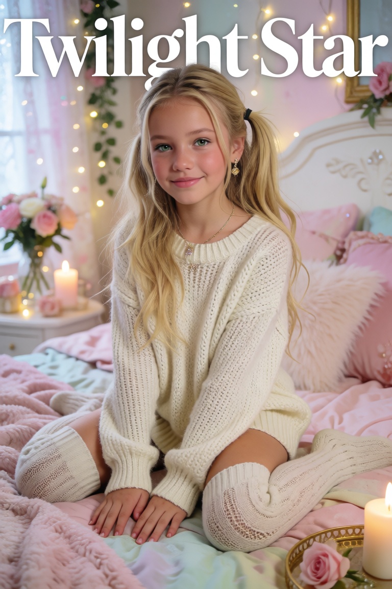 A photorealistic glossy magazine cover featuring a girl sitting on a pastel-colored bed in a dreamy bedroom,  smiling soft...