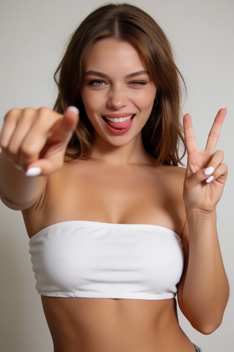 A young woman with big breasts is looking at the camera with a playful smirk,  tongue out,  wink. hpointing at the viewer...