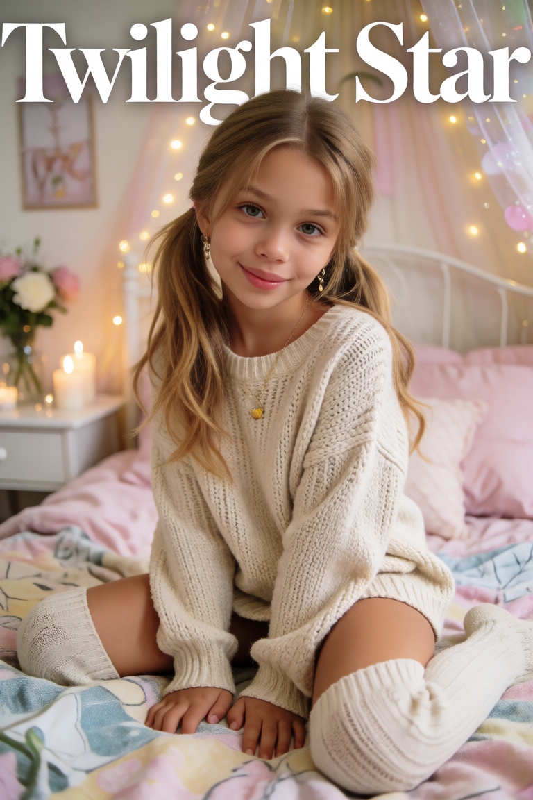 A photorealistic glossy magazine cover featuring a girl sitting on a pastel-colored bed in a dreamy bedroom,  smiling soft...