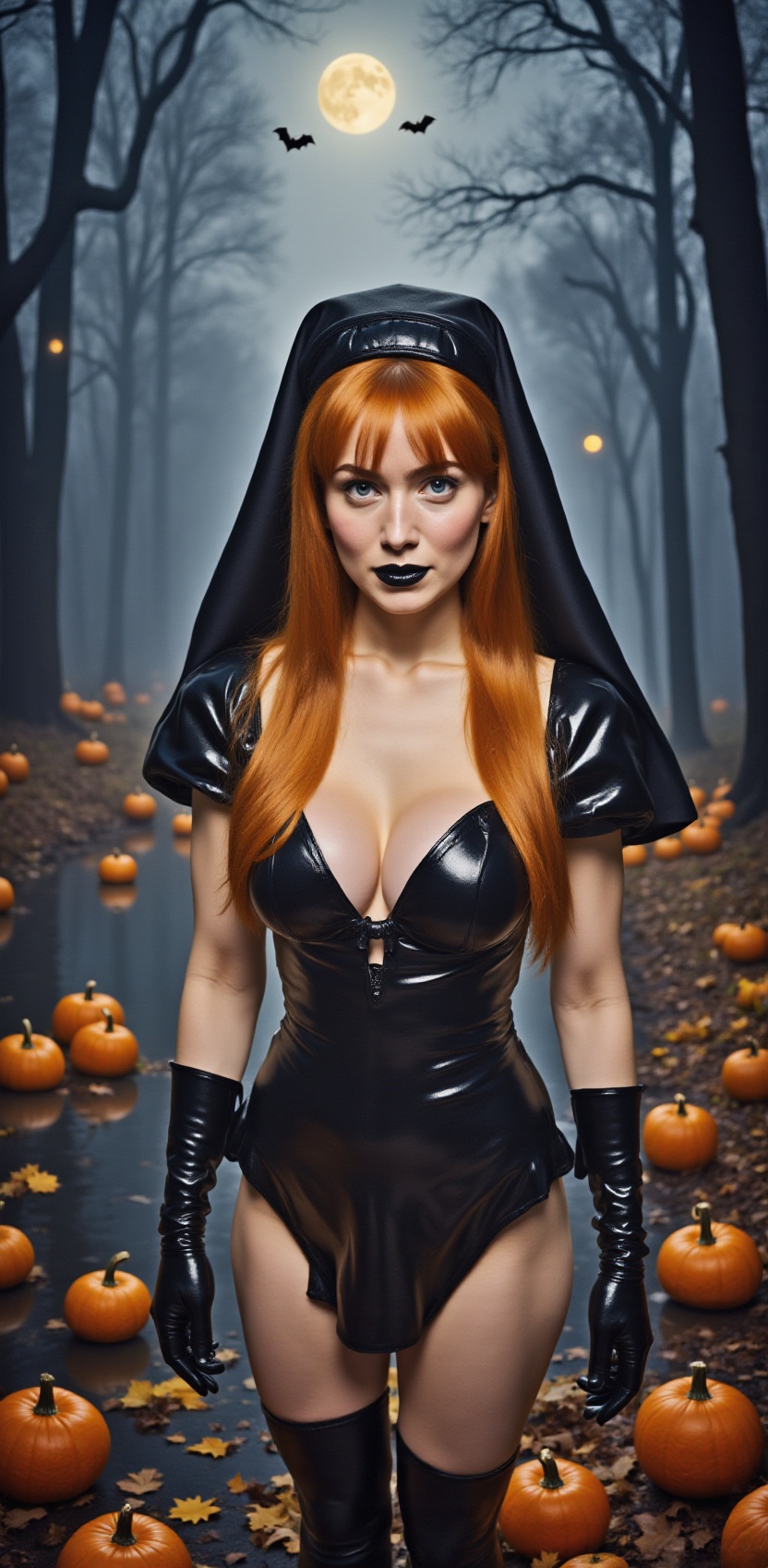 A stunning shot of a mature 21 year-old Anika Sink standing with shiny orange hair and bangs. Blue eyes,  black lips,  and...