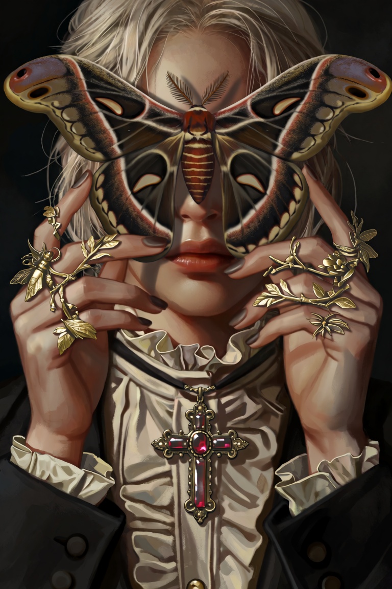 @Dstrs Close-up portrait of a person holding an enormous lifelike silk moth over their face,  symmetrical moth wings spann...