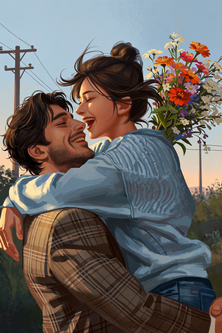 @Dstrs A low-angle,  close-up shot captures a man and woman in a joyful embrace during the golden hour. The man,  with dar...