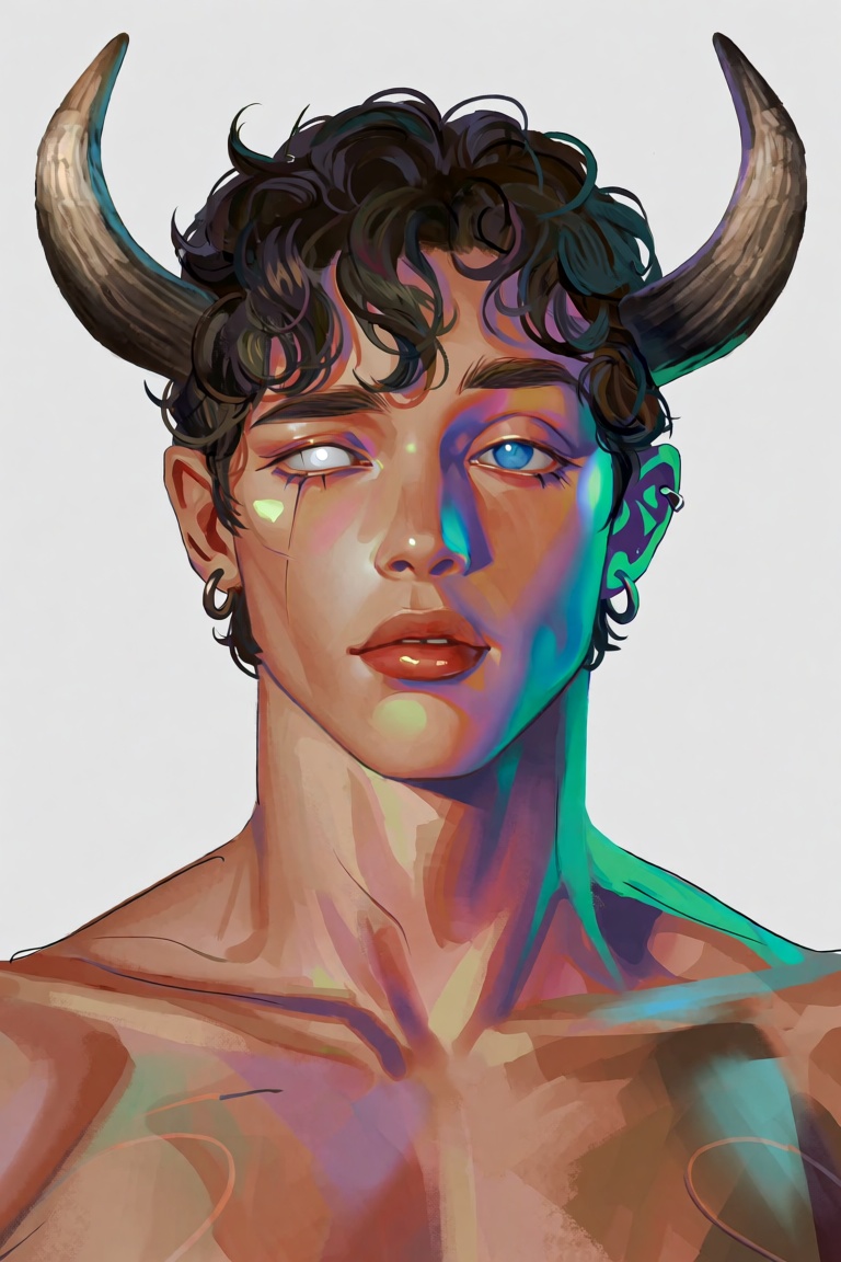 @Dstrs A young man with curly gazes directly forward,  their left eye milky white and blind-looking while the right eye is...