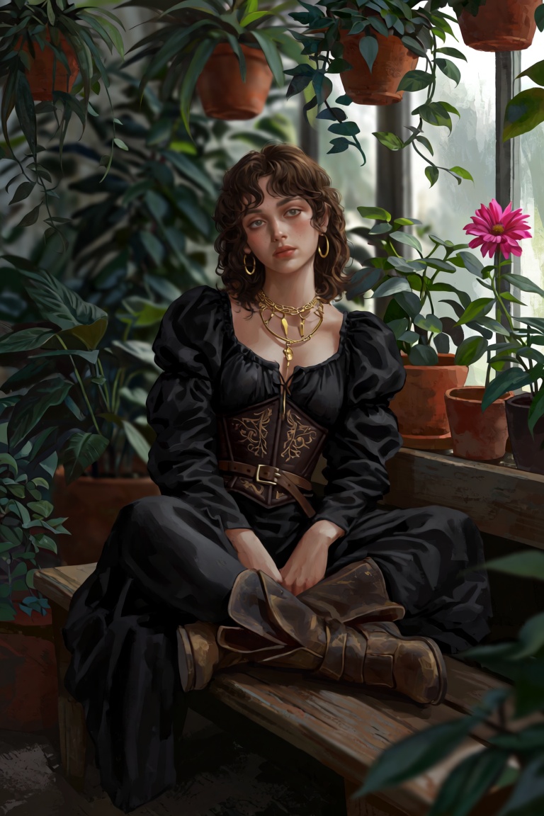 @Dstrs A full-body studio portrait captures a young woman with curly brown hair and pale skin sitting cross-legged on a ru...