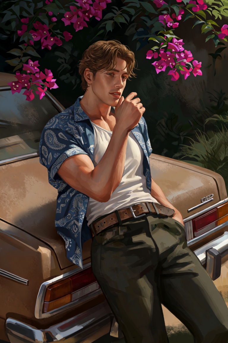 @Dstrs A medium shot captures a young man with wavy light brown hair leaning against the trunk of a vintage,  tan-colored...