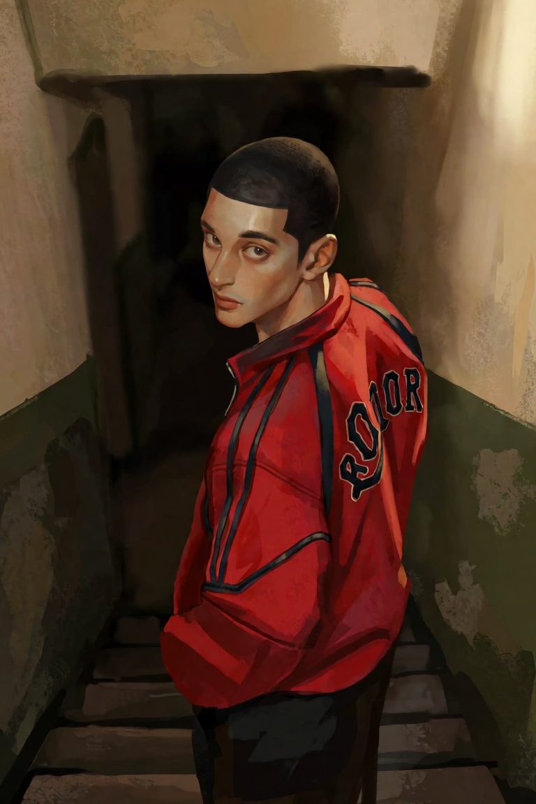 @Dstrs A high-angle,  vertical shot captures a young man standing in a dimly lit,  narrow stairwell. He is positioned thre...