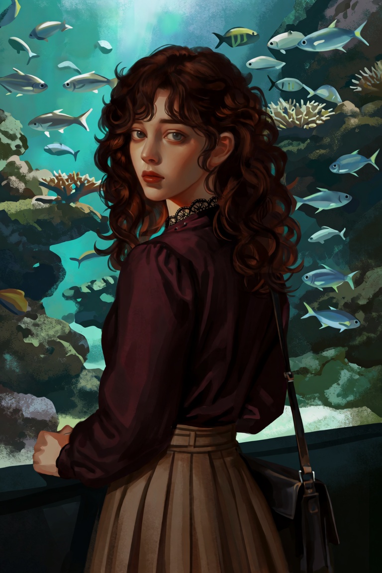 @Dstrs medium-shot portrait,  a young woman with voluminous,  dark auburn curls and a pale complexion gazes over her shoul...