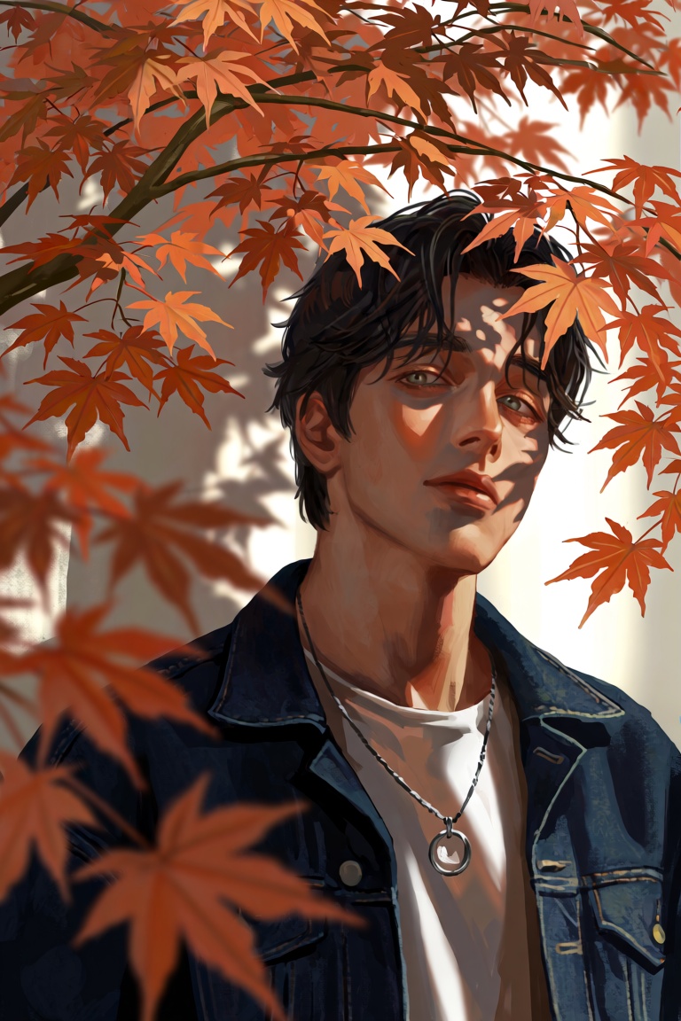 @Dstrs A medium,  slightly low-angle portrait captures a young man with dark,  wavy hair and light-colored eyes on Tensor.Art