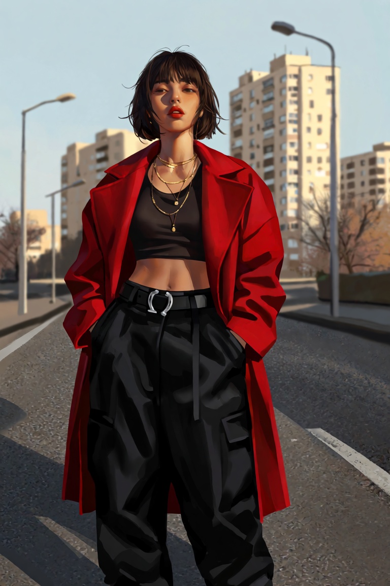@Dstrs In a full-body low-angle shot,  a young woman stands on an asphalt city street during the golden hour. She wears an...
