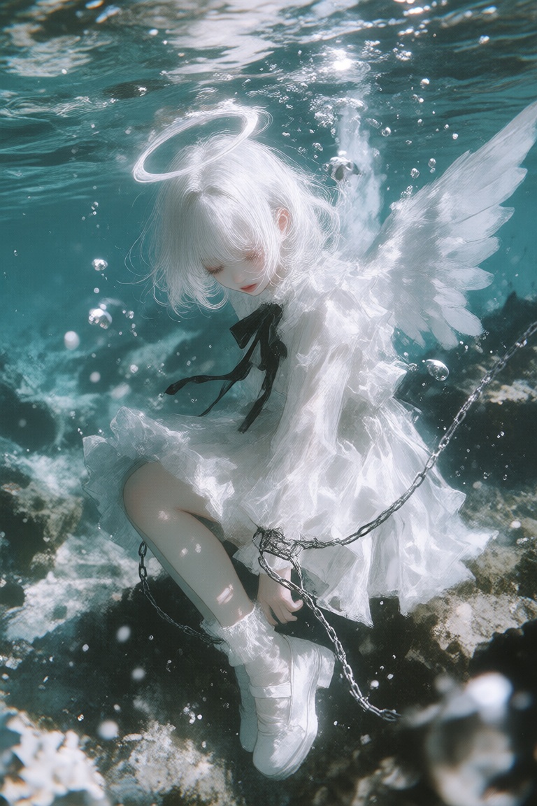 A poetic illustration combining highly realistic underwater scenery with a fragile,  ethereal anime girl. Clear turquoise...