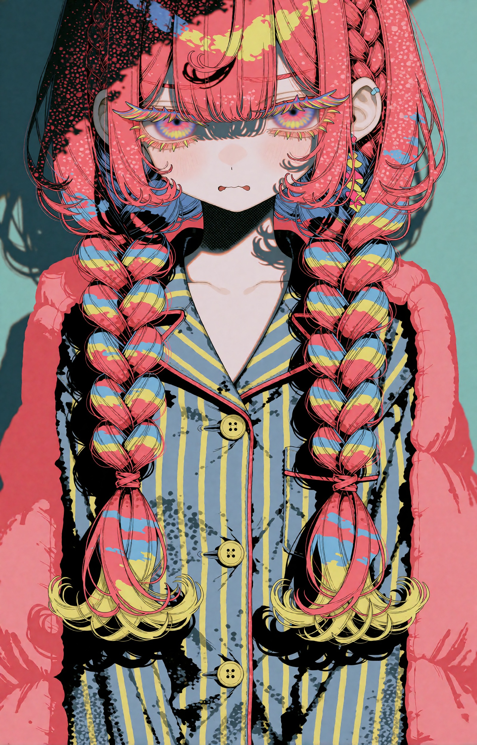 SUBJECT: A sleepy girl with very long coral-pink hair falling past her chest in heavy wavy curtains. Candy-stripe bands of...