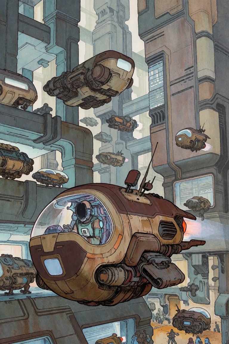 This highly detailed sci-fi illustration depicts a bustling urban scene in a futuristic,  industrial city. In the foregrou...