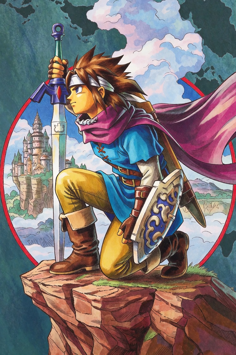 This image depicts an illustration of a male protagonist in an art style reminiscent of classic role-playing game characte...