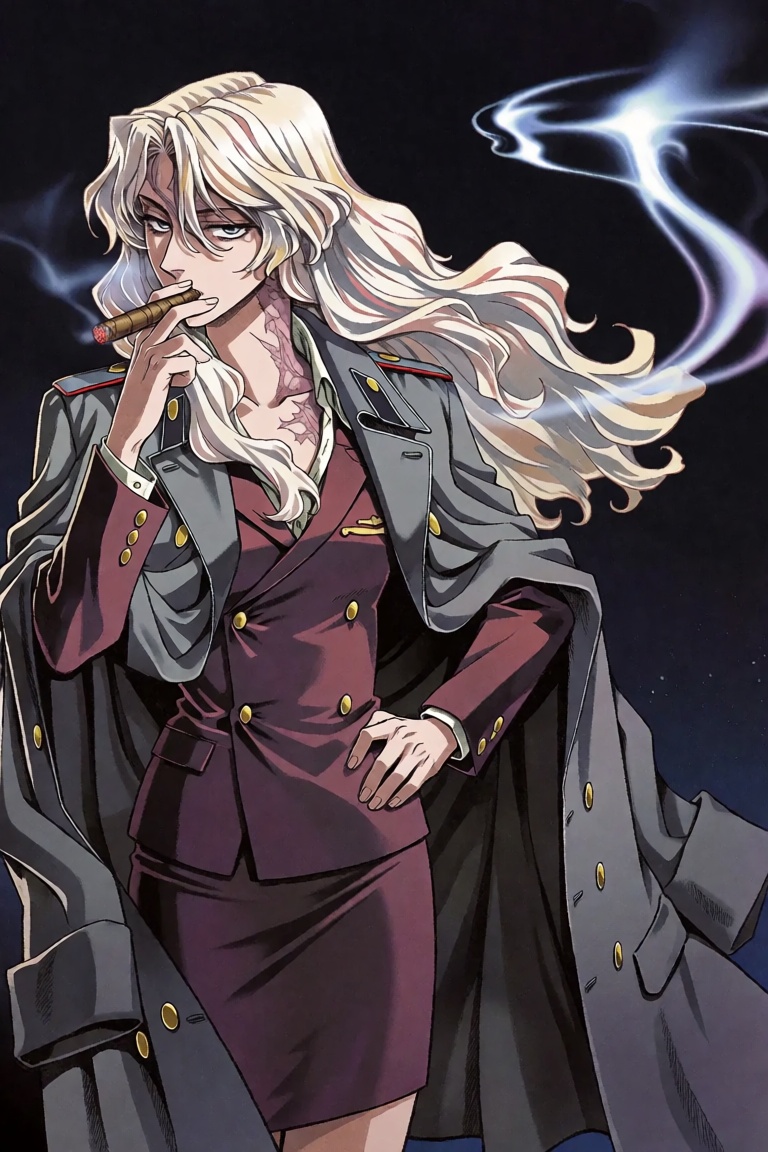 This high-quality anime-style illustration depicts Balalaika,  a prominent female character from the series Black Lagoon,...