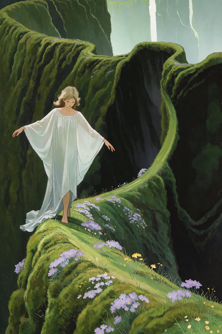 The image features a solitary female figure walking along the narrow,  winding crest of a massive,  verdant ridge. The wom...
