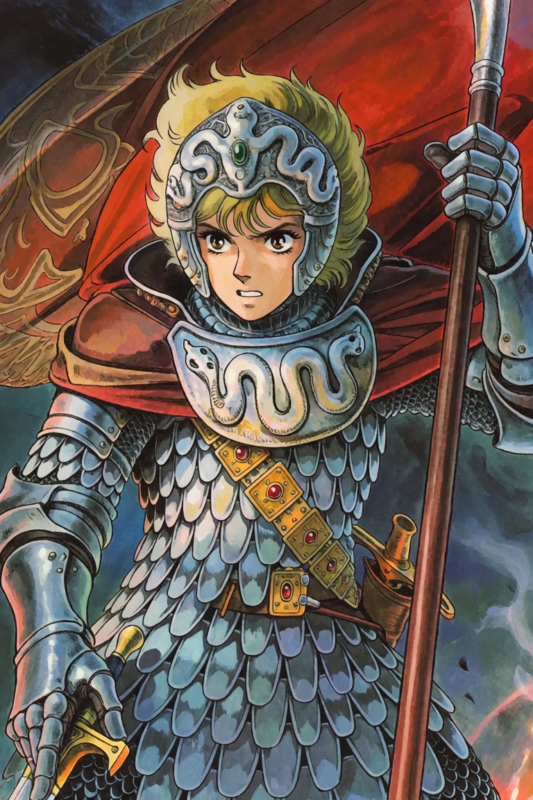 This illustration captures a close-up portrait of a fantasy warrior from the chest up,  depicted in an intricate,  classic...