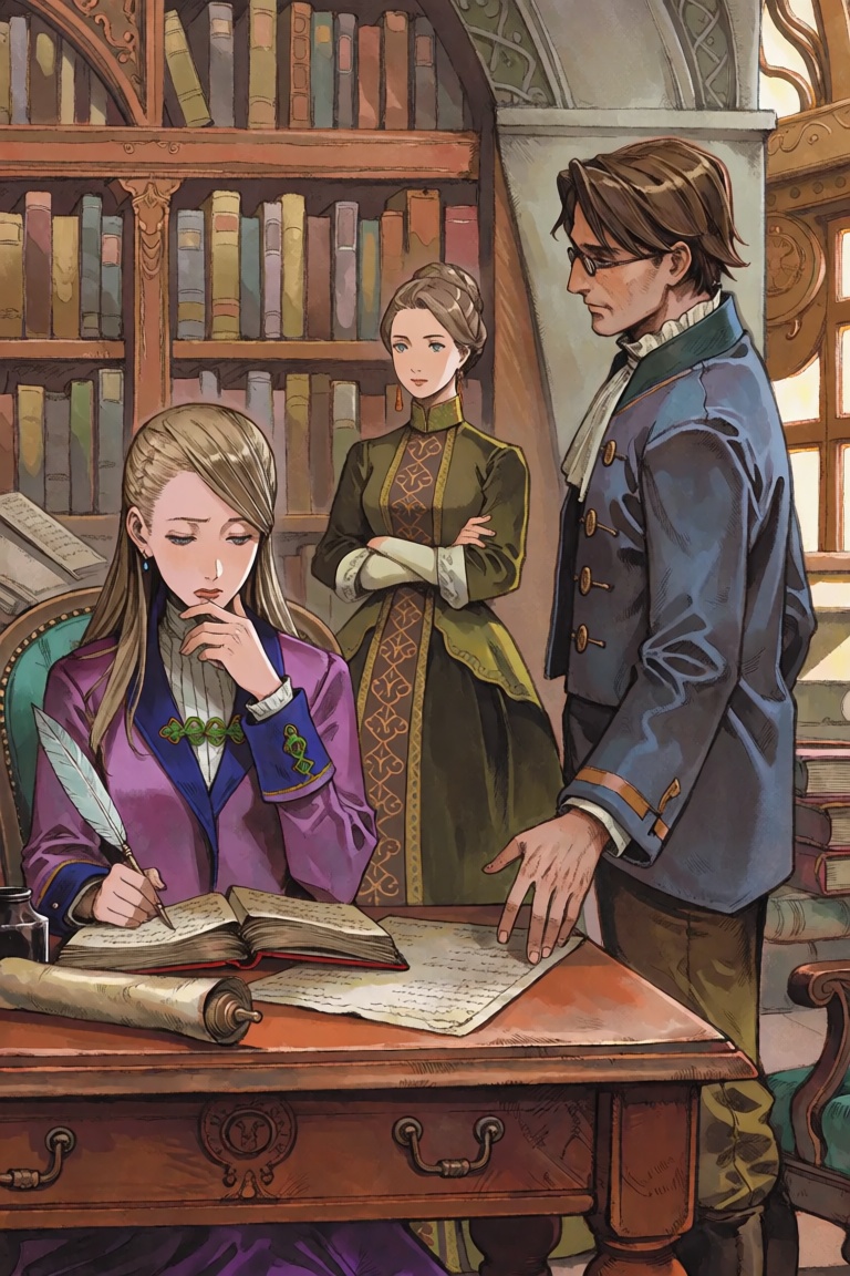 The image displays a scene inside a vintage library that evokes the atmosphere of a fantasy or historical academic setting...