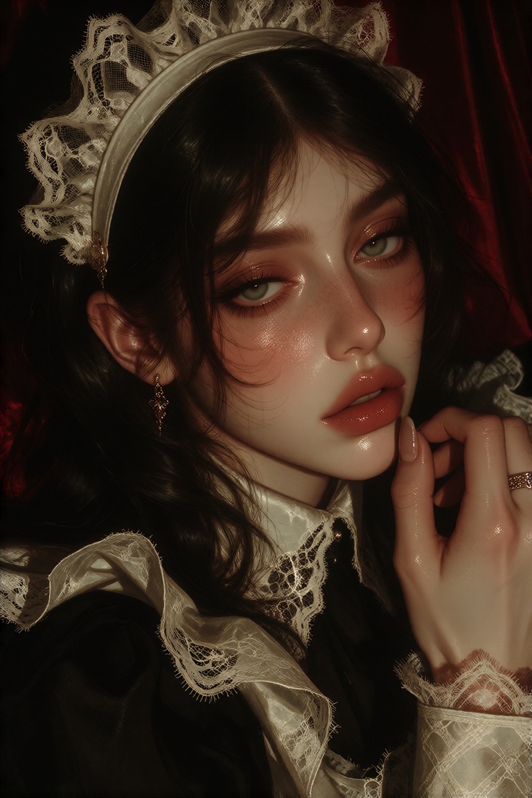 This is a dark,  moody photograph of a young woman with pale skin and green eyes,  dressed in a traditional French maid ou...