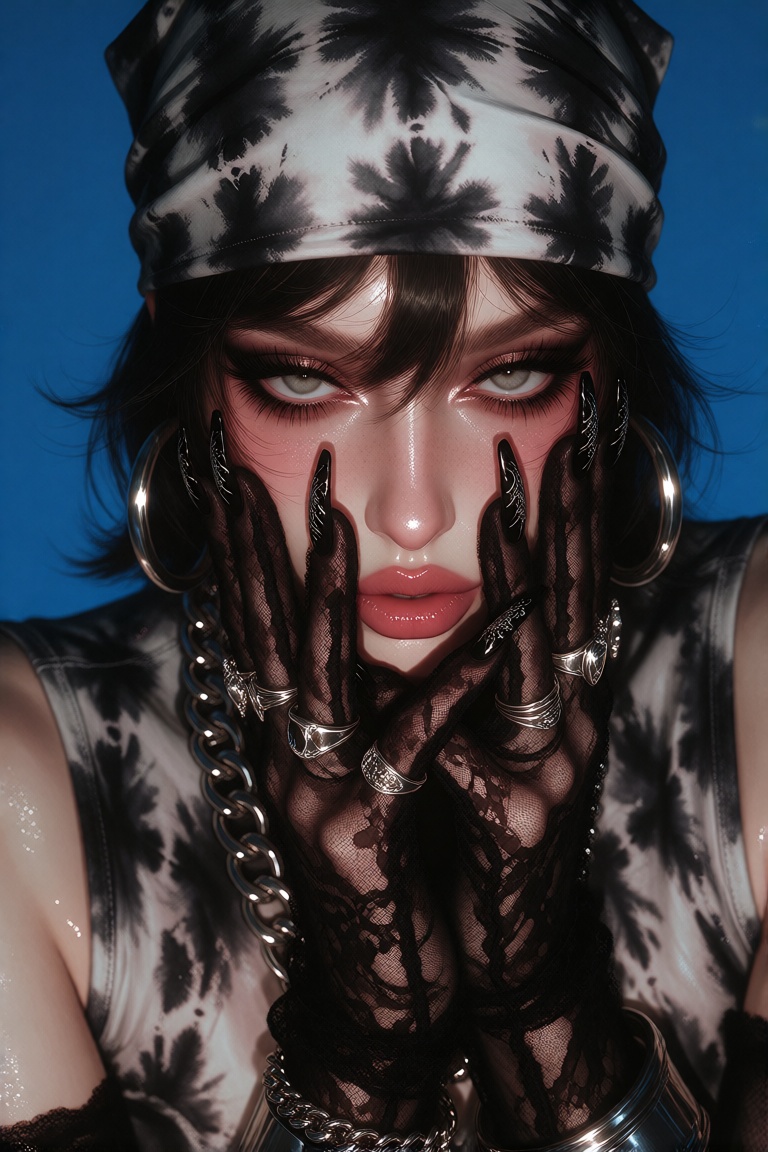 Create an image that captures a woman exuding a striking and edgy fashion style. She wears a black and white tie-dye heads...