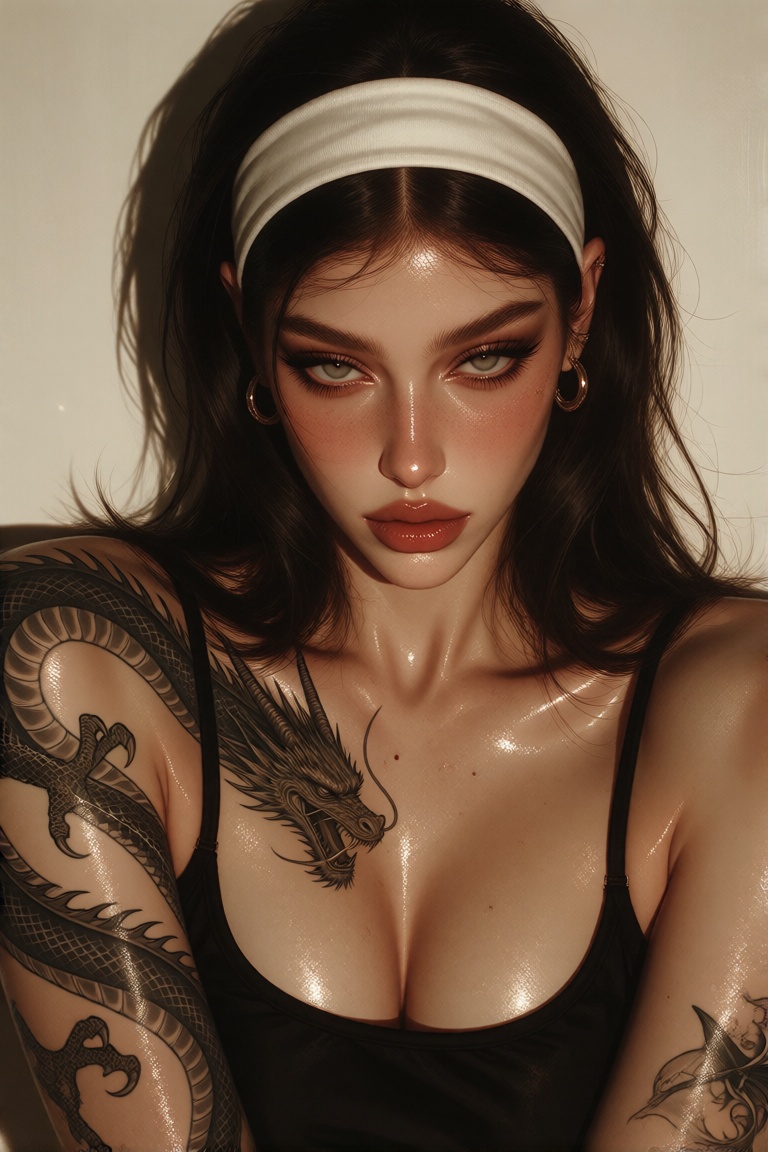 Create an image of a woman with long,  dark hair that is slicked back and perfectly straight,  wearing a white headband ac...