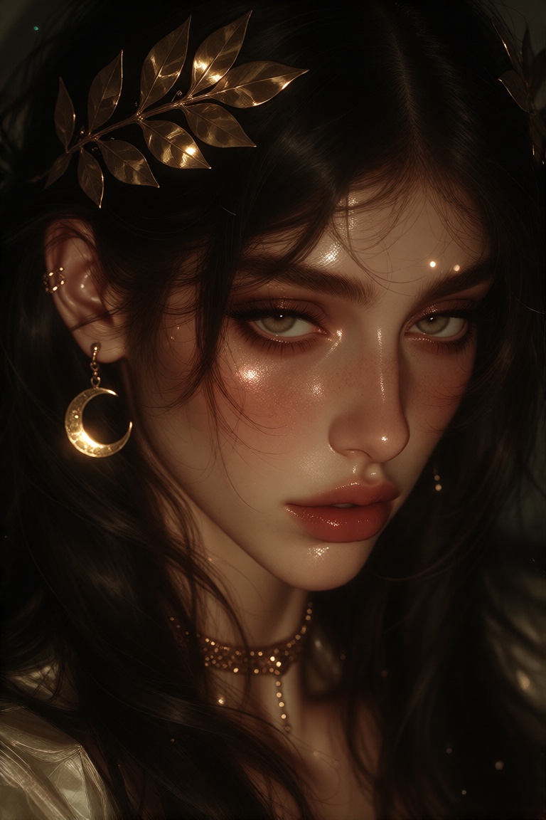 The image depicts a close-up of a woman with long,  dark hair. Golden laurels are placed in her hair,  and a cresent moon...