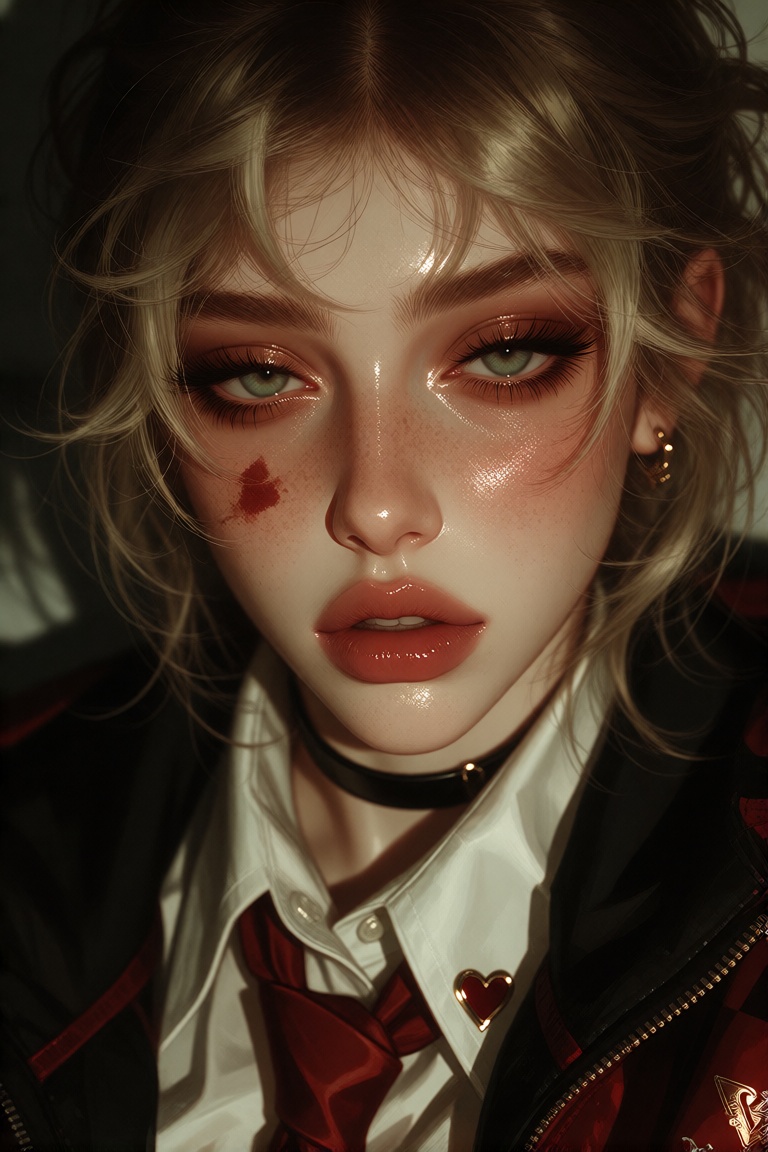 This is a digital illustration of a young woman with a slightly melancholic expression. She has pale,  freckled skin with...