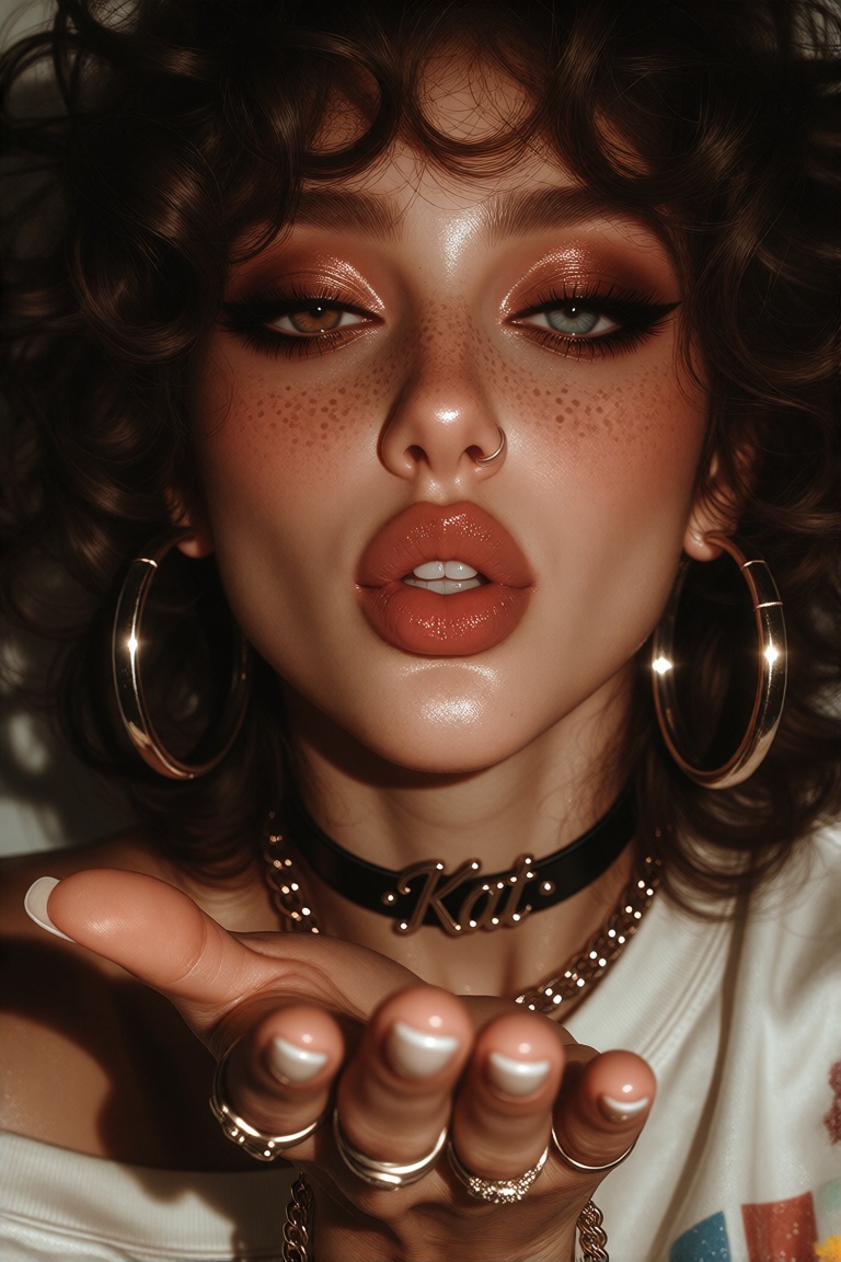 The image features a woman with curly,  voluminous hair that frames their face. She is wearing large hoop earrings and a c...