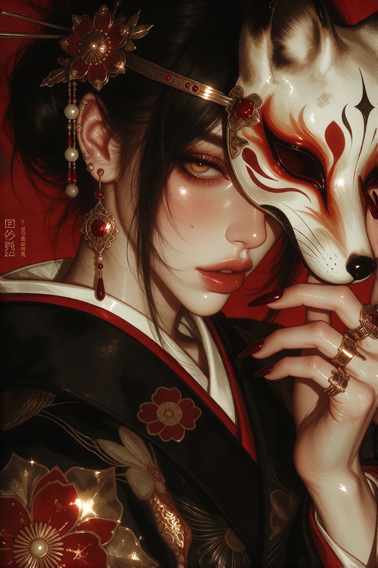 Portray a beautiful woman with long black hair adorned with a hair ornament and wearing Japanese clothes,  specifically a...