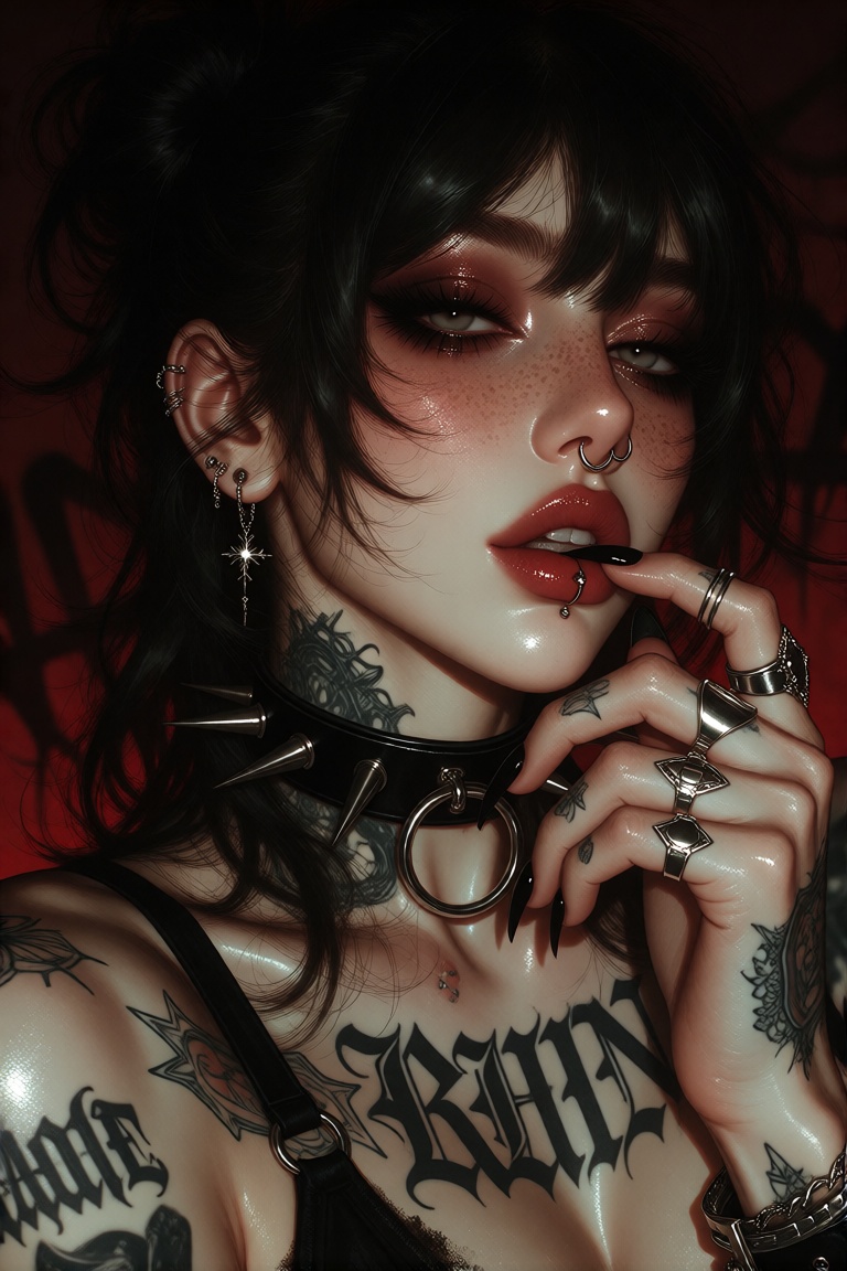 This digital artwork features a dark,  gothic-style portrait of a young woman with a pale,  freckled complexion and striki...