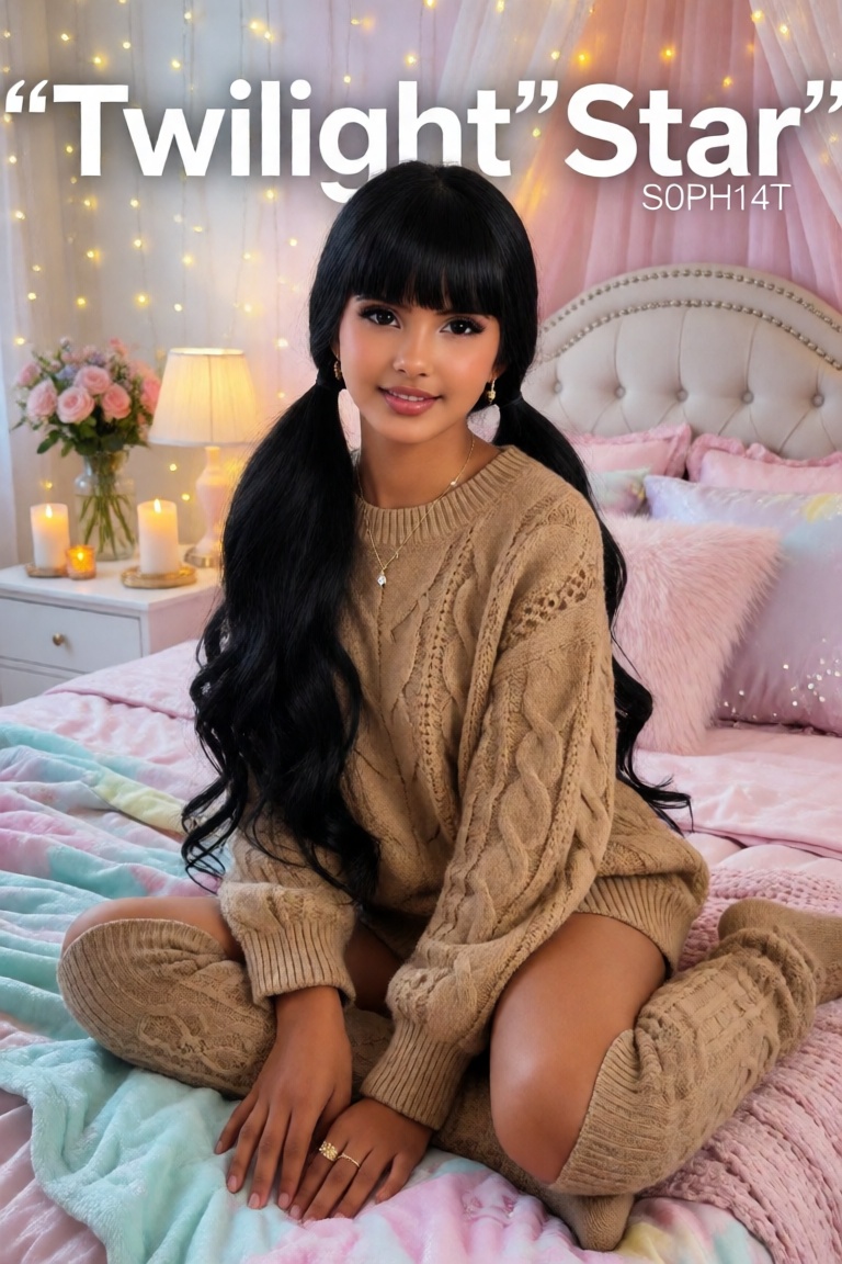 A photorealistic glossy magazine cover featuring a girl sitting on a pastel-colored bed in a dreamy bedroom,  smiling soft...