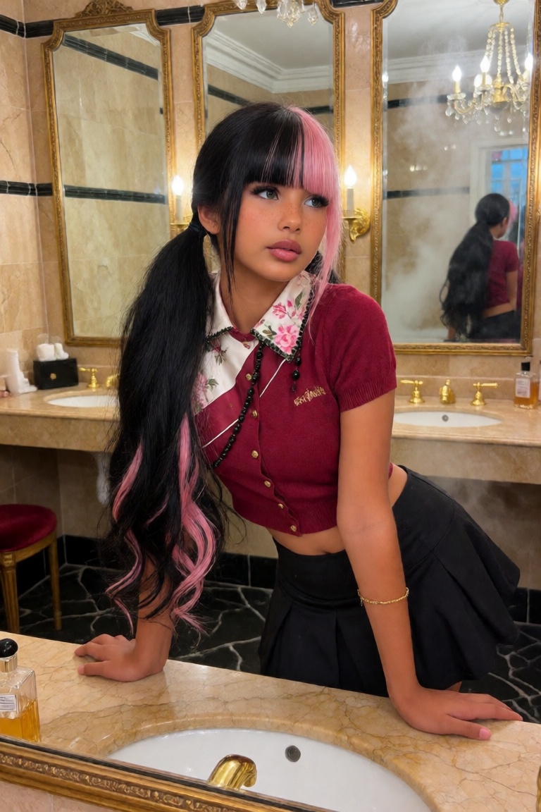 Ultra-realistic photograph of a 25-year-old woman in a glamorous restroom that still has the bones of an old institution:...