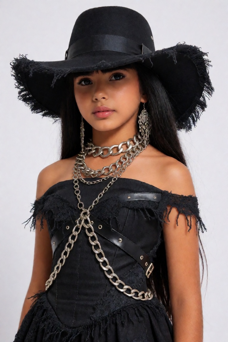 masterpiece,  very aesthetic,  The image features a girl dressed in a striking dark gothic fashion style. Here is a breakd...