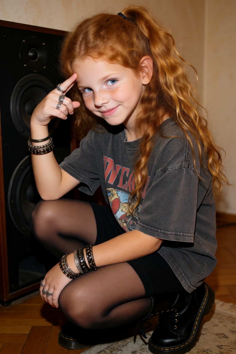 A photorealistic girl crouching low on the floor beside a large speaker in a simple apartment living room. She has very lo...