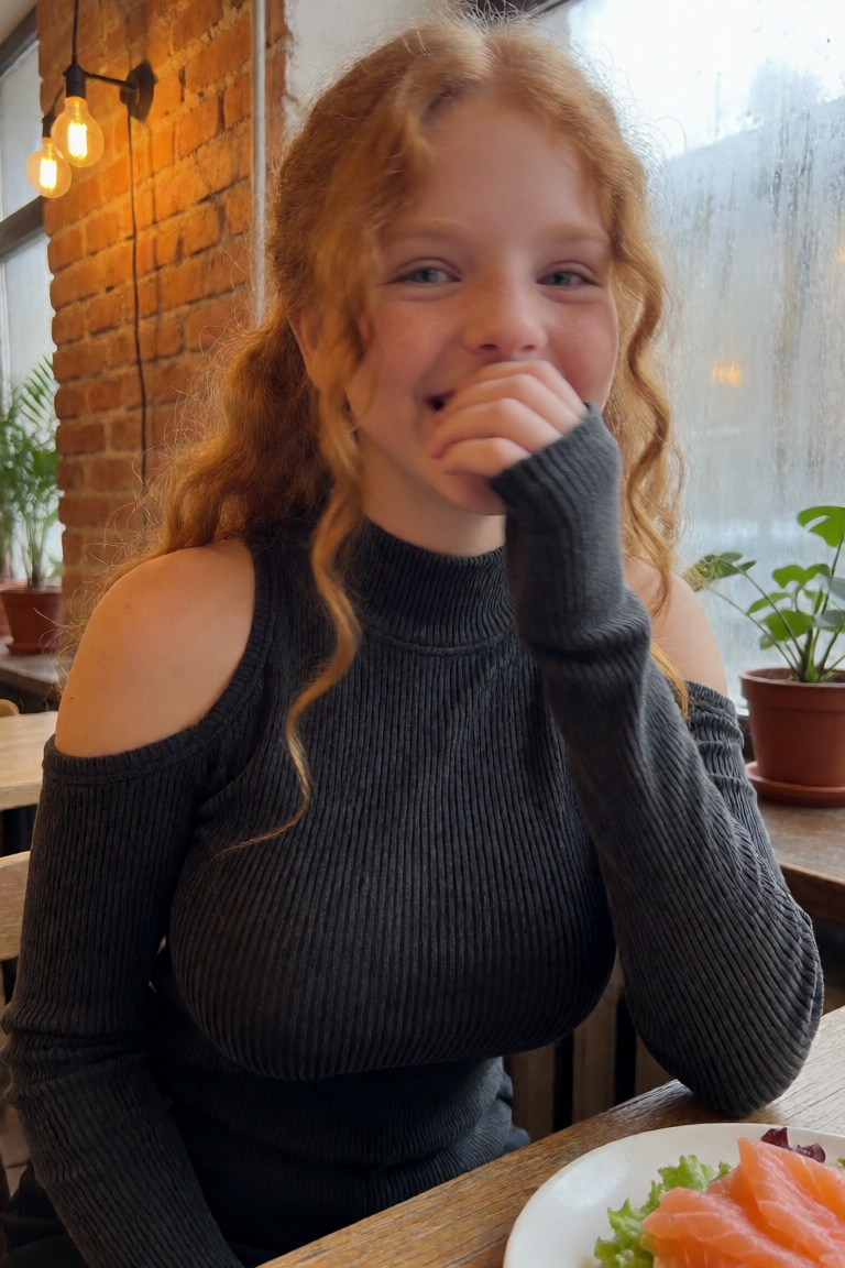 Natural light casts deep shadows. candid photo,  spontaneous laughter half-covering her mouth with her hand,  slight motio...