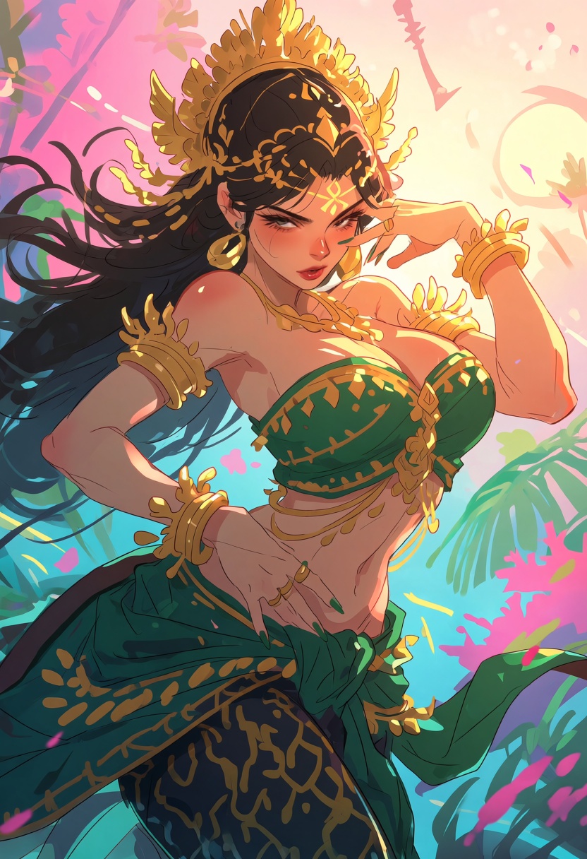 illustration of an attractive Sundanese female guardian spirit,  wearing an ornate gold-and-leaf strapless crop top showin...