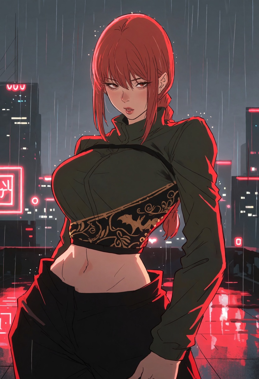 illustration of anime character Makima wearing a sleek tailored crop top showing cleavage and midriff,  paired with a high...