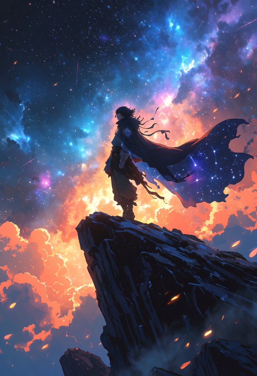 A wanderer standing atop a obsidian cliff gazing at a surreal multi-colored nebula sky,  flowing cosmic cloak with constel...