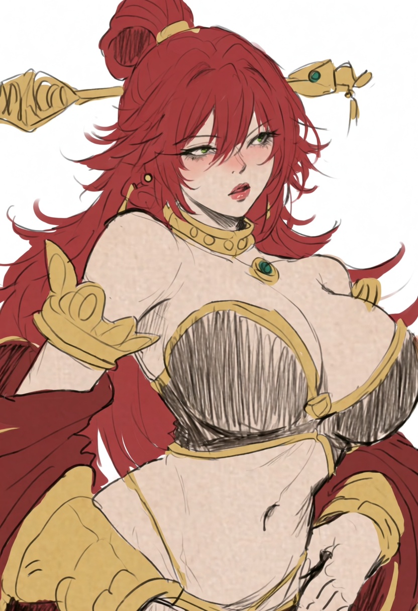 illustration of anime character Rias Gremory wearing a plunging crop top showing cleavage and exposed waist,  decorated wi...