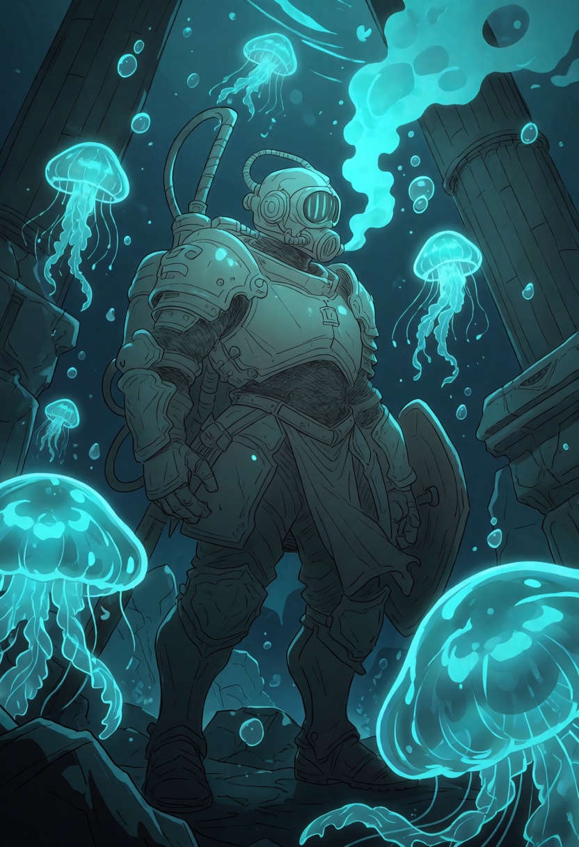 An armored diver knight surrounded by bioluminescent jellyfish and deep underwater ruins,  glowing aqua light casting dram...