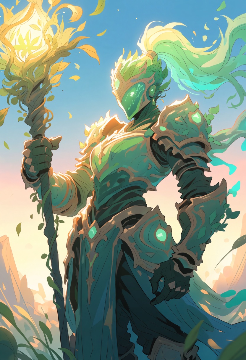 A guardian spirit wearing ornate leafy armor,  holding a staff blooming with glowing golden flora,  soft sunrise rim light...