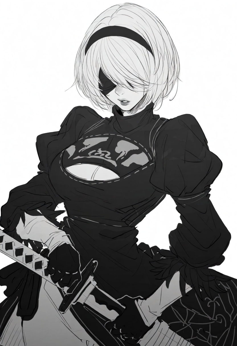 illustration in black and white of anime character 2B wearing a cropped low-cut gothic kebaya top showing cleavage and mid...
