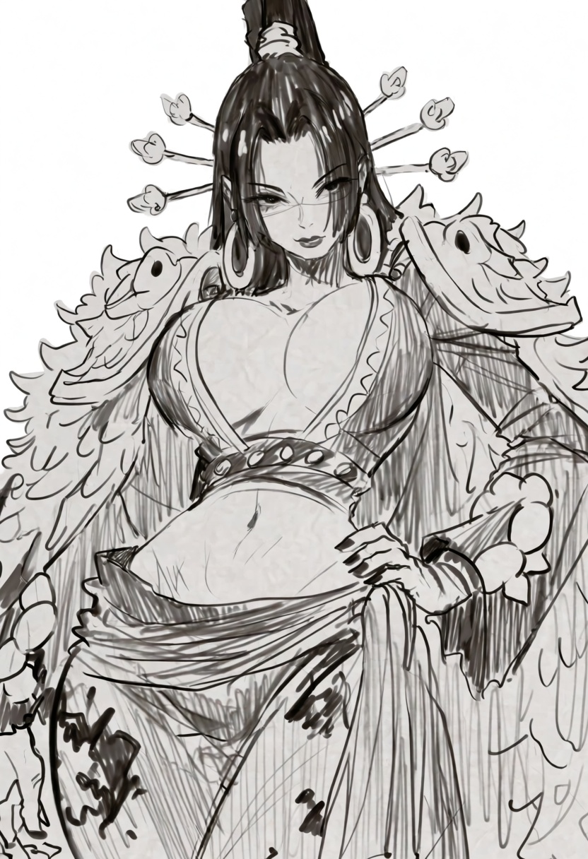 2D graphite sketch illustration of anime character Boa Hancock wearing a majestic low-cut strapless crop bustier showing d...