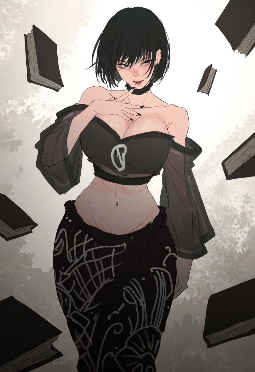 sketch illustration of anime character Fubuki wearing an alluring off-shoulder translucent cropped blouse showing cleavage...