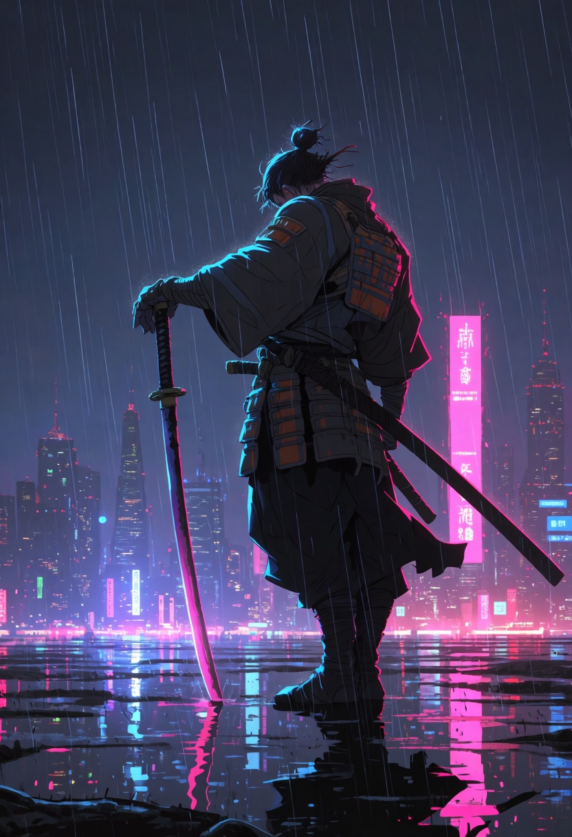 A stylized samurai leaning on a katana overlooking a sprawling futuristic skyline in heavy rain,  vivid neon reflections i...