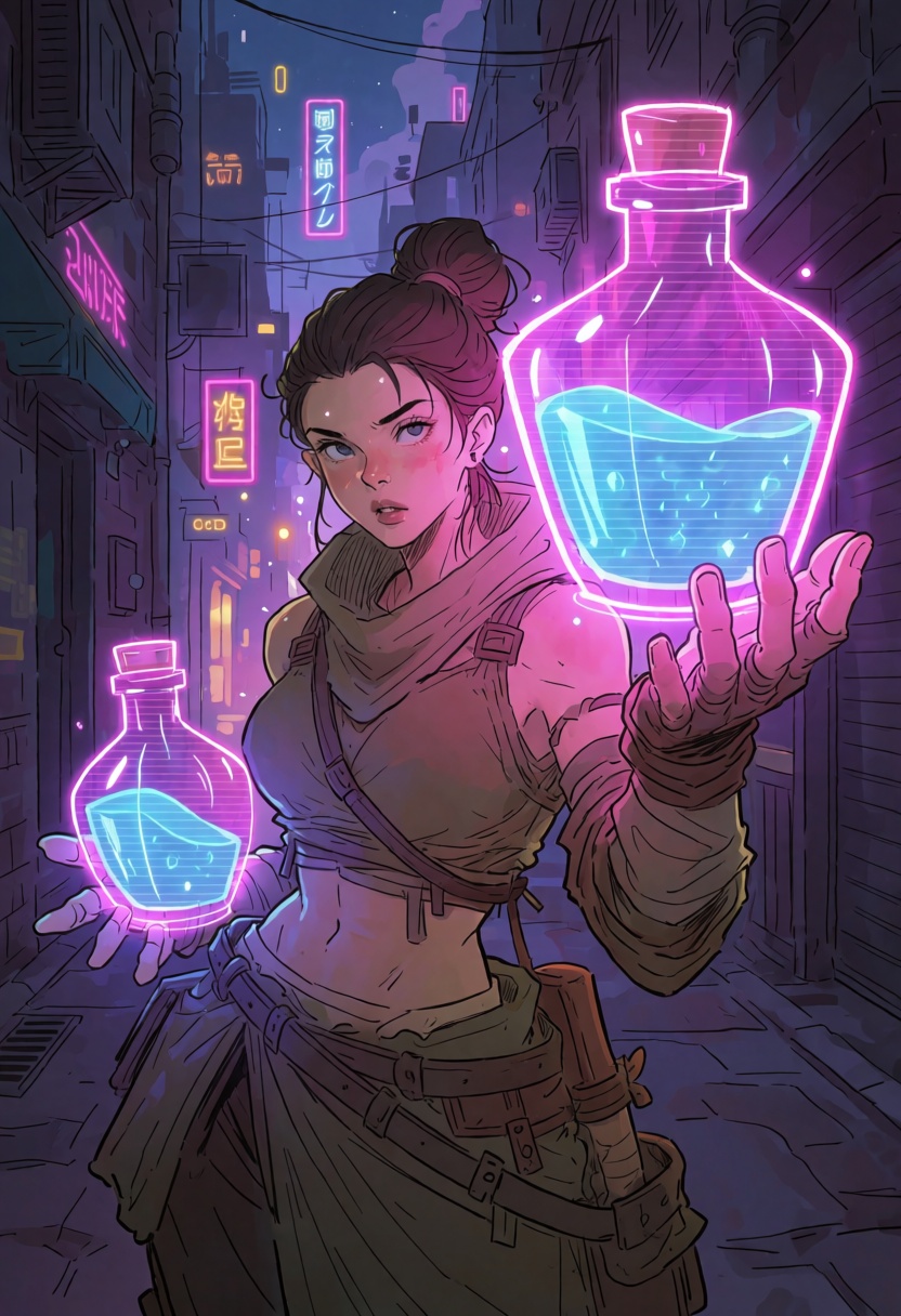 A street-level potion brewer in a neon-lit alleyway,  holographic standard bottles glowing in vibrant magenta and cyan,  i...