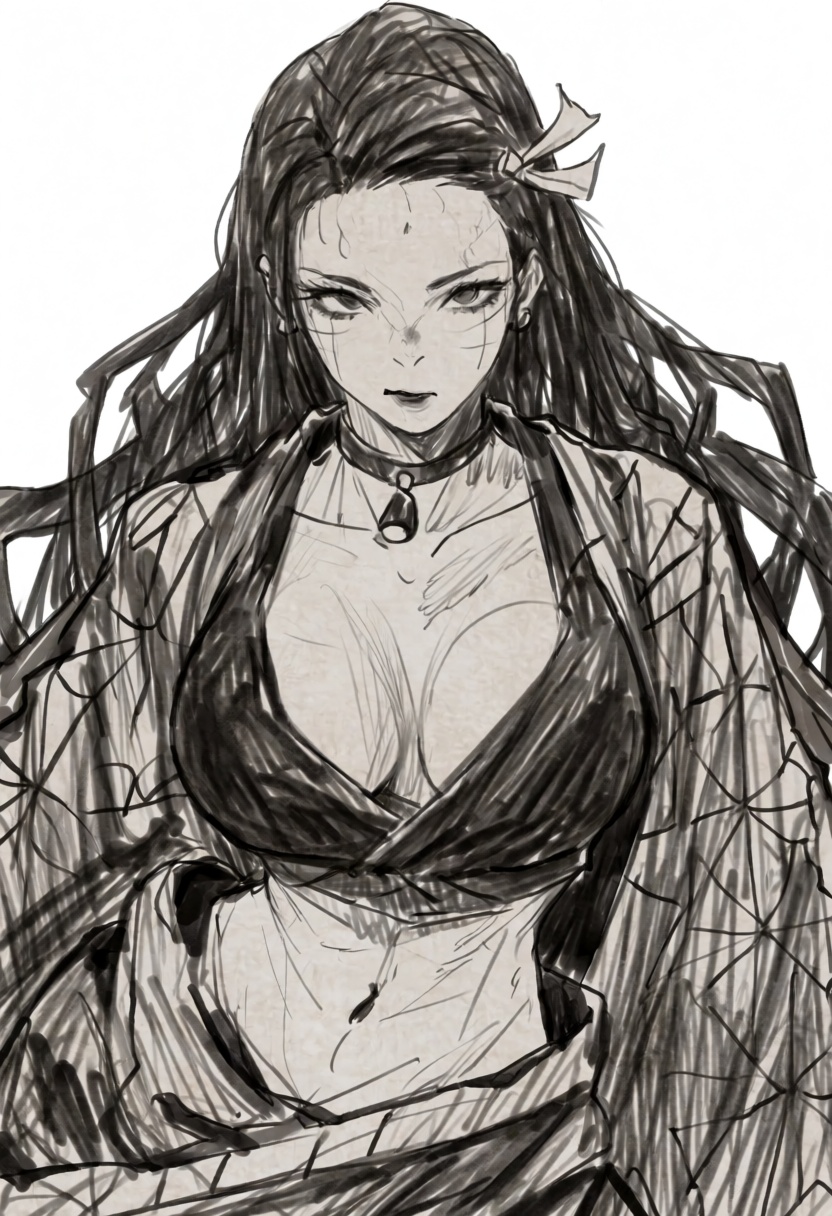 pencil sketch illustration of anime character Nezuko Kamado wearing a low-cut dark velvet crop top revealing cleavage and...