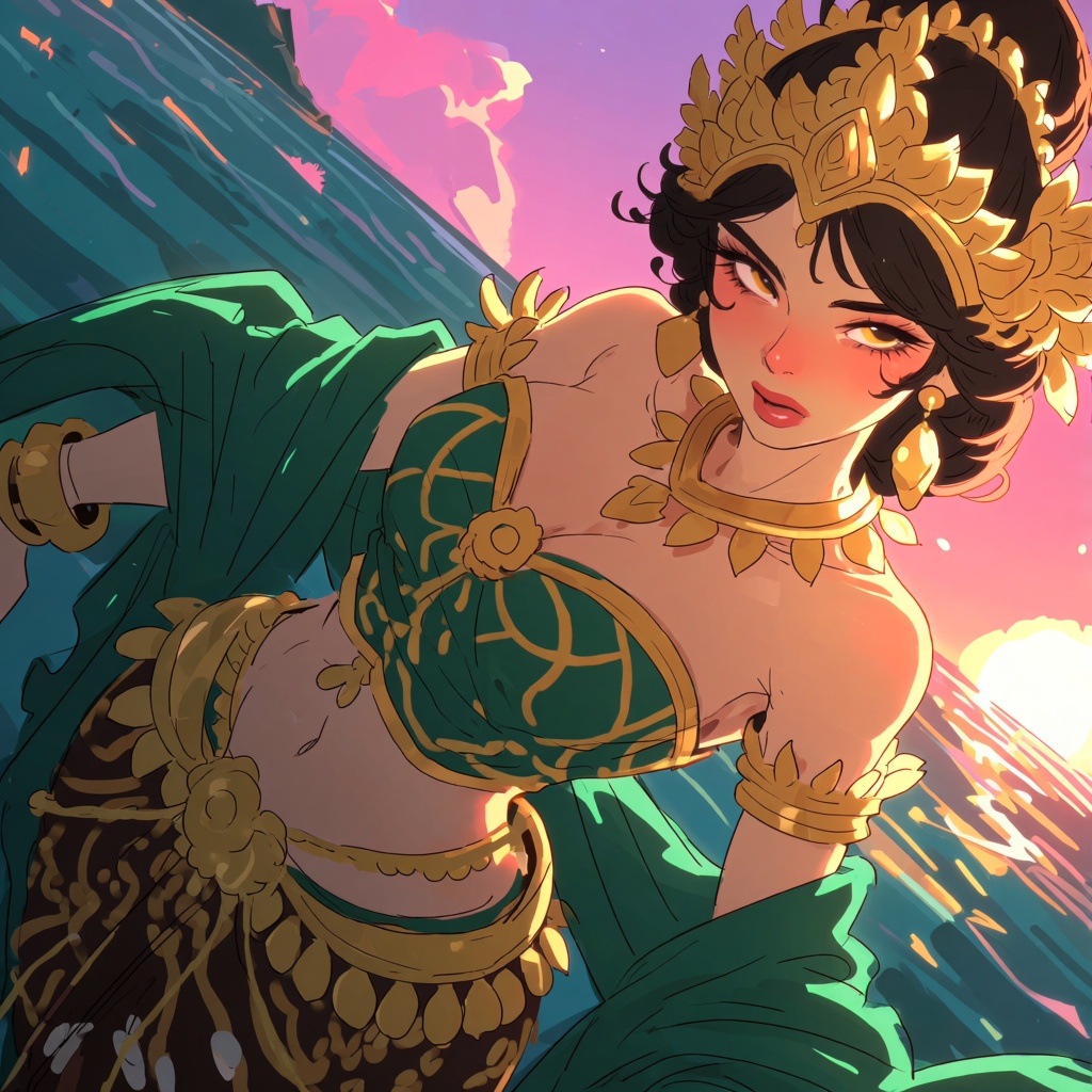 Create an illustration focusing on a medium shot,  Dutch angle tilted angle,  of an attractive Sundanese female guardian s...