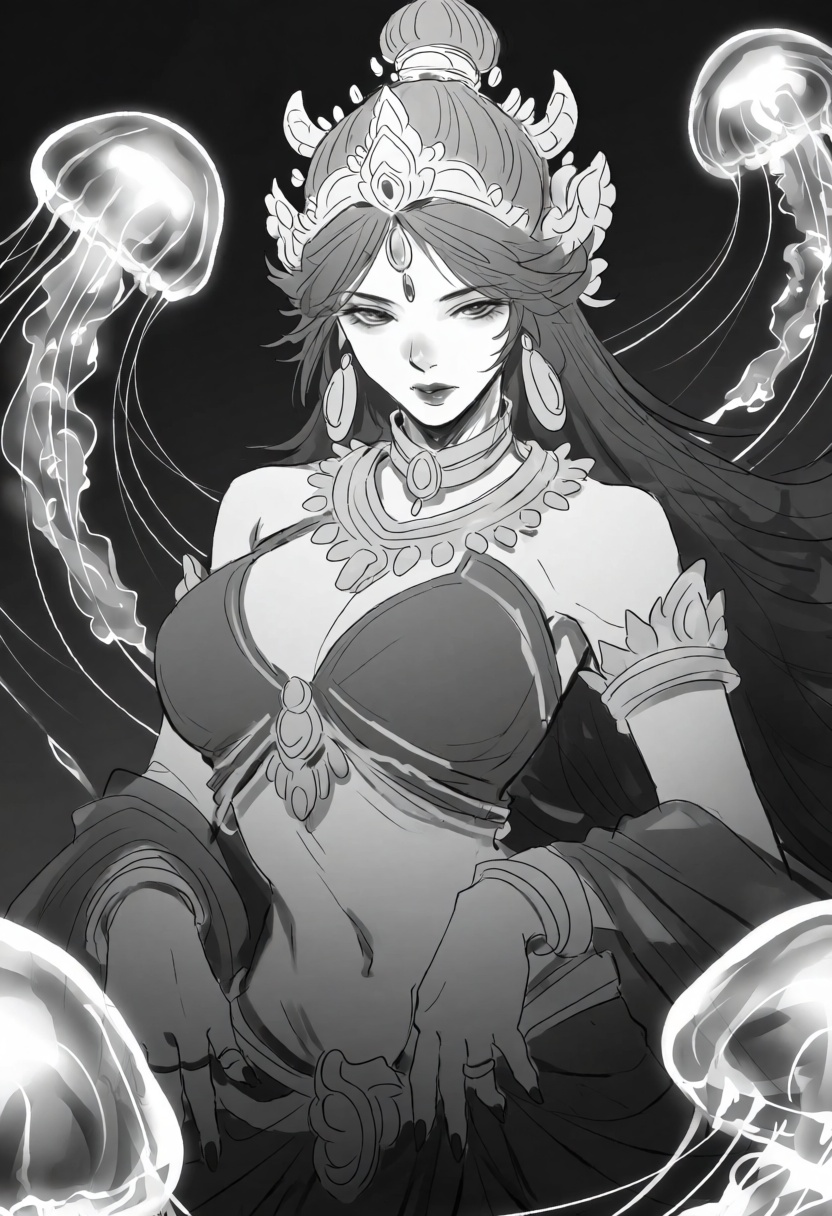 in black and white,  featuring a beautiful Indonesian ocean priestess wearing a form-fitting sea-inspired low-cut crop top...