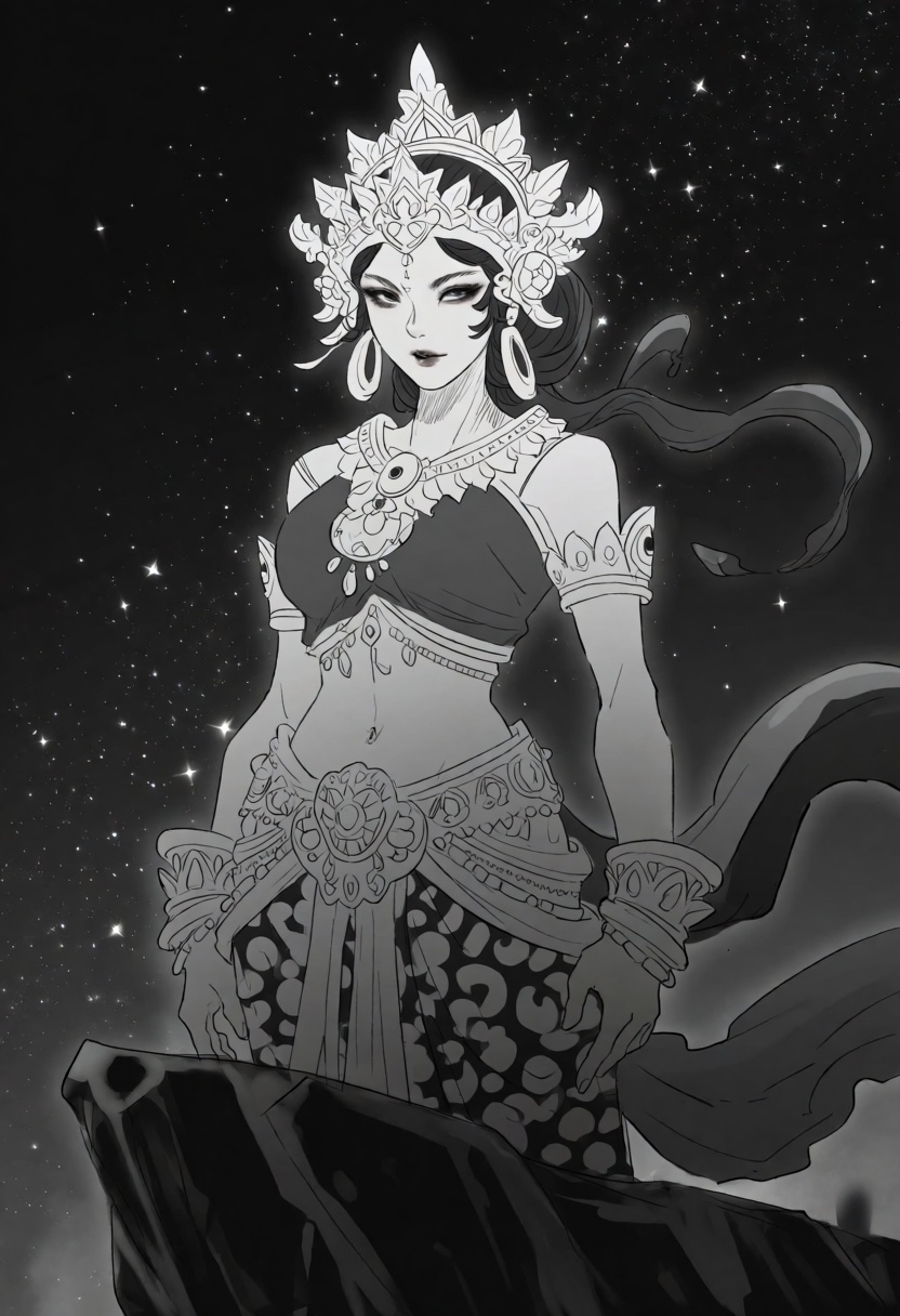 illustration of a gorgeous Indonesian royal wanderer wearing a celestial crop top with a plunging neckline and midriff cut...